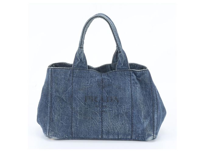 Tote Sac cabas Prada Canapa Denim avec logo triangle Bleu Marine
