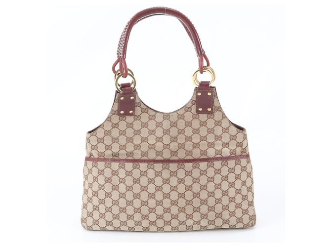 Gucci GG Canvas Leder Tote Bag Rot Beige Bordeaux