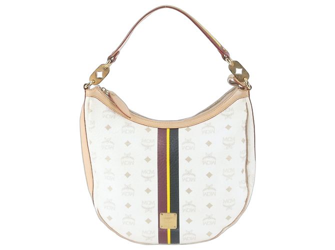 Bolsa de Ombro em Couro MCM Visetos Hobo Branco