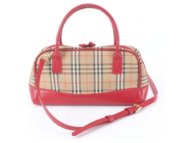 Burberry Nova Check Shadow Horse Leder 2-Way Tasche Rot Beige