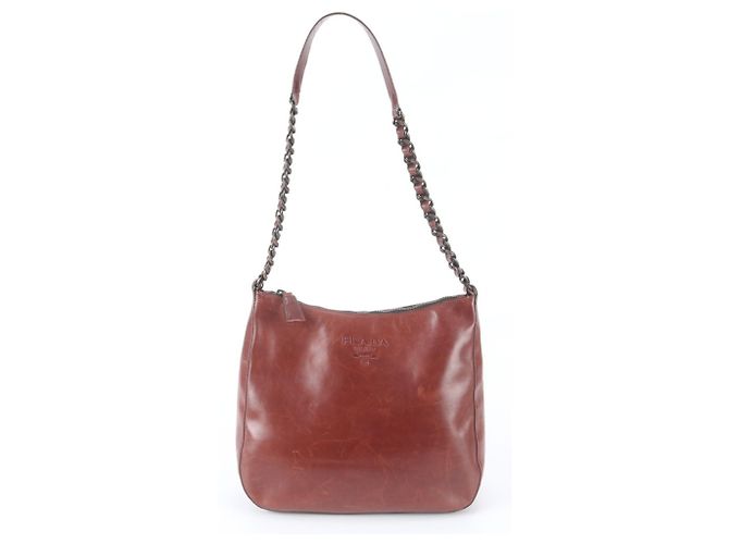 Bolsa de Ombro Prada em Couro com Corrente Marrom
