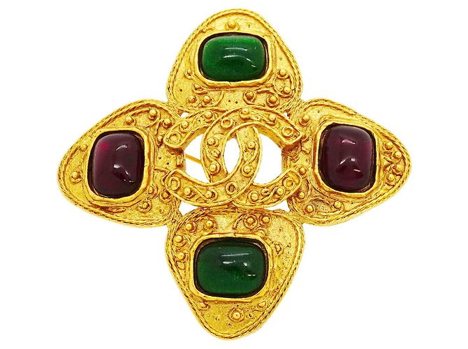 Broche Chanel em ouro e Gripoix Vermelho Dourado Verde