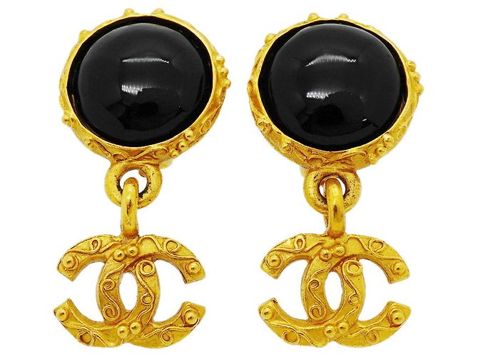 Classique Boucles d'oreilles clips Chanel noires et dorées