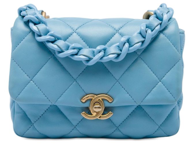 Chanel Blue Mini Quilted Lambskin Lacquered Chain Flap Bleu Bleu clair