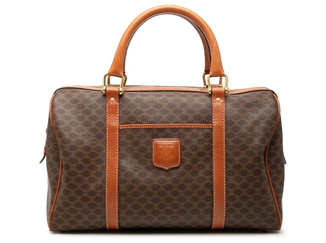 Céline Sac Boston Celine en toile enduite Macadam marron