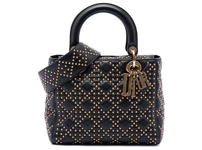 Dior Black Medium Lambskin Cannage Studded Supple Lady Dior Noir