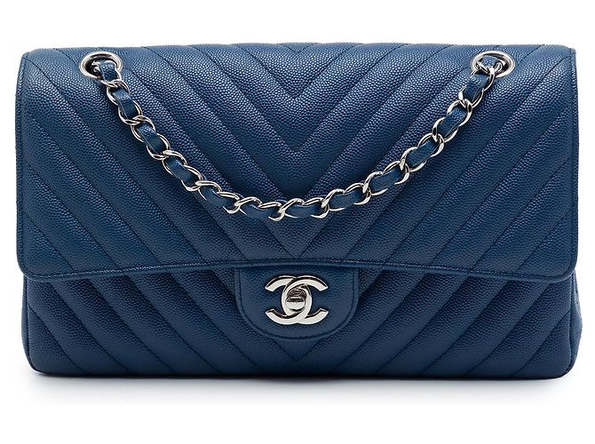 Chanel Blue Medium Classic Chevron Caviar Double Flap Bleu Bleu foncé