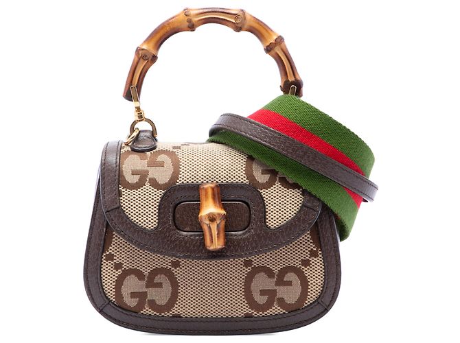 Bamboo Gucci Beige Mini Jumbo GG Canvas 1947 Bolsa de Alça de Bambu Bege