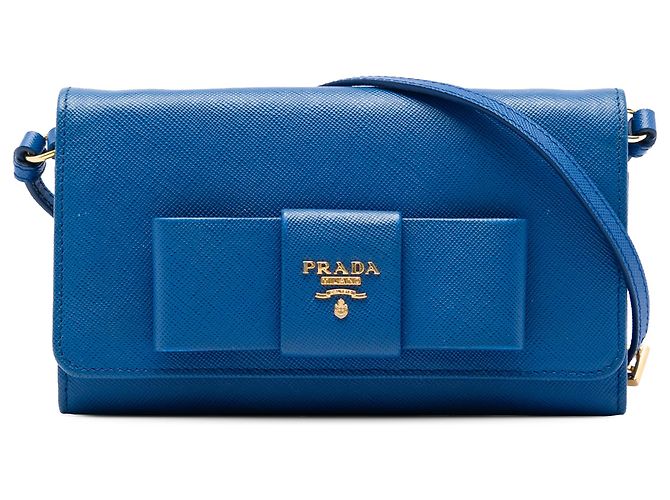 Portefeuille Prada Blue Saffiano Lux Bow Wallet On Strap Bleu