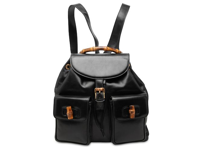Bamboo Zaino Gucci Large in pelle di vitello nera con coulisse e bambù Nero