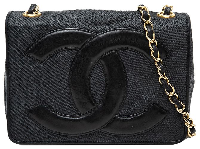 Chanel Gray CC Raffia Full Flap Marron Gris anthracite