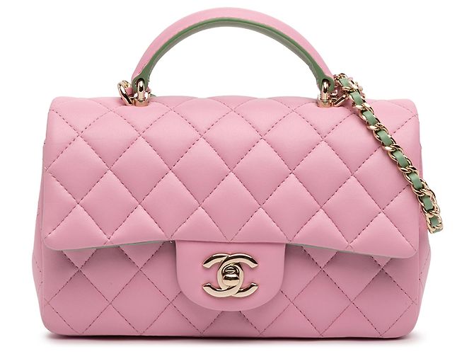 Chanel Mini Rectangular Bicolor Quilted Lambskin Top Handle Flap Rose