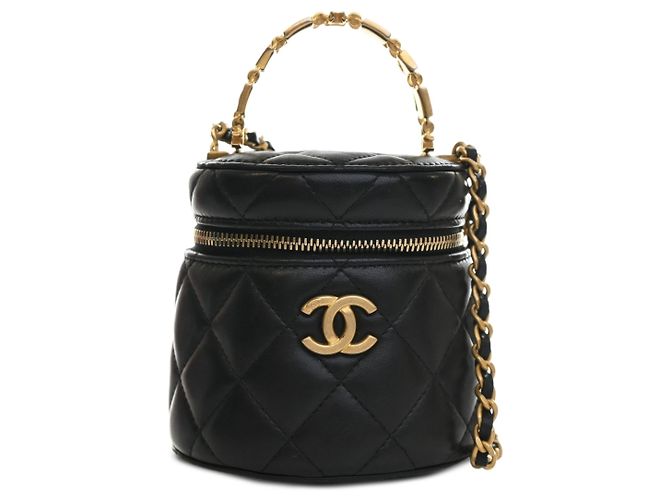 Chanel Vanity Black CC Lambskin com alça superior e corrente Preto