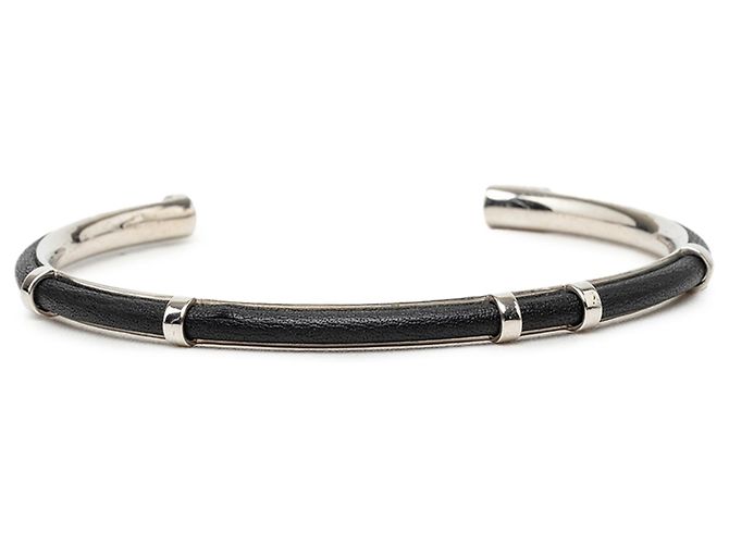 Autre Marque Dior Silver Brass and Leather Open Cuff Bangle Silvery