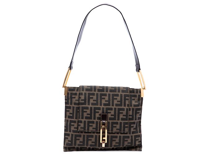 Bolsa de Ombro com Aba Fendi Brown Zucca Canvas Marrom