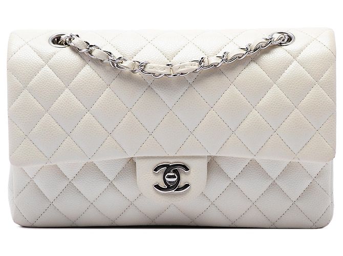 Chanel White Medium Classic Caviar Double Flap Weiß Roh