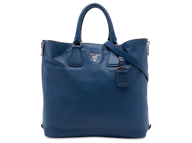 Sac cabas convertible ouvert Prada Blue Vitello Daino avec fermeture éclair latérale Bleu Bleu foncé