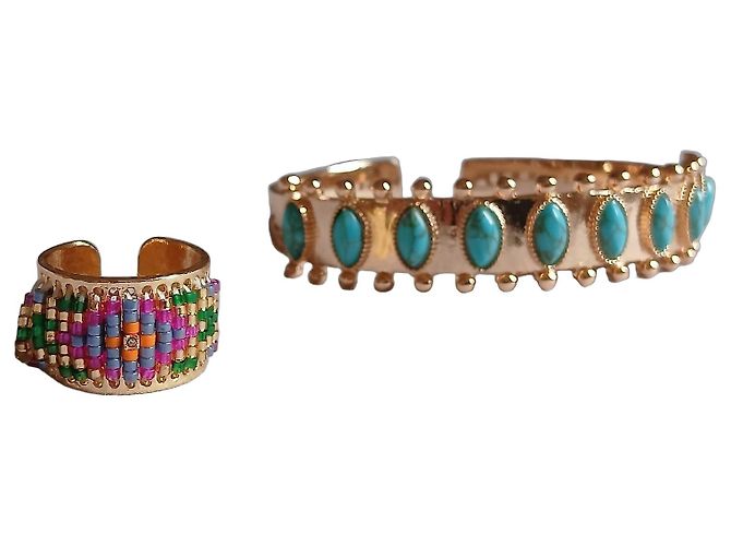 Hipanema Conjunto de Brazalete Dorado y Anillo de Perlas Multicolor Turquesa