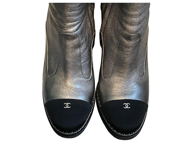 Chanel Silver Metallic Leather Wedge Ankle Boots Black Silver hardware