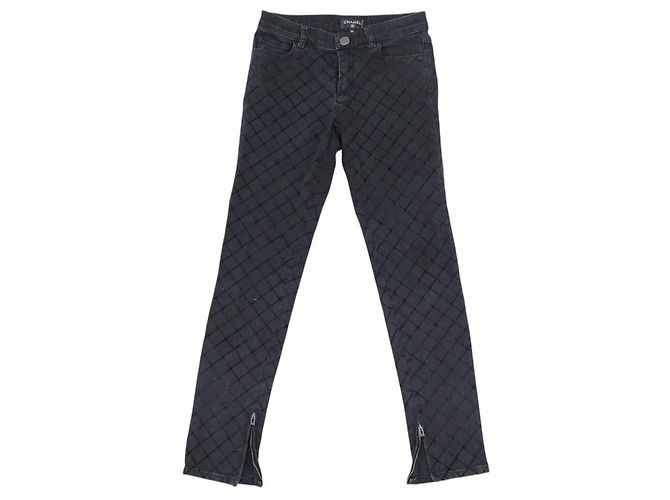 CHANEL STRETCH DENIM PANTS CC LOGO BUTTON P58310 S 36 IN QUILTED DENIM Black