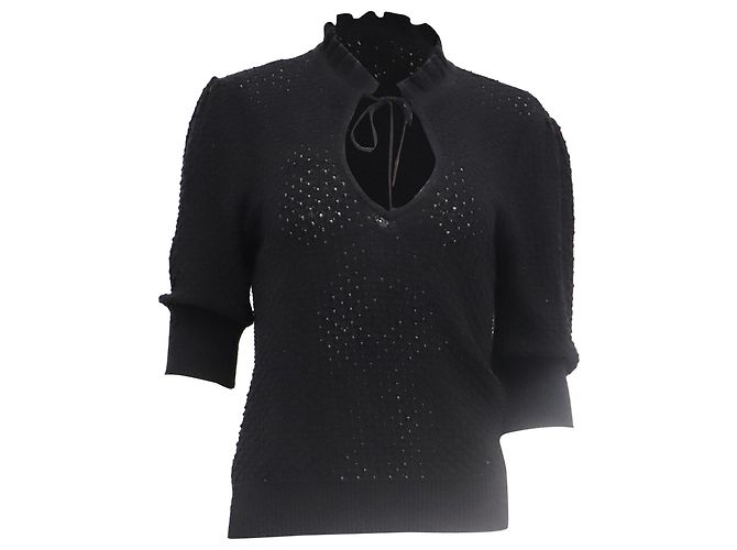 Ganni Strickbluse mit Rüschen aus schwarzem Leinen