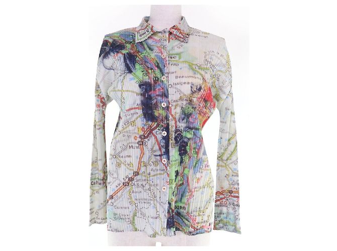Issey Miyake PLEATS PLEASE Paris Map Pattern Polyester Long Sleeve Shirt Multiple colors