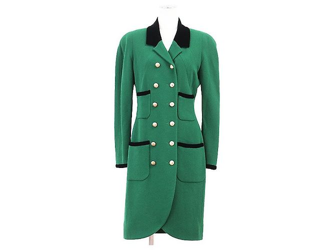 Chanel Boutique Wool Long Coat Black Green