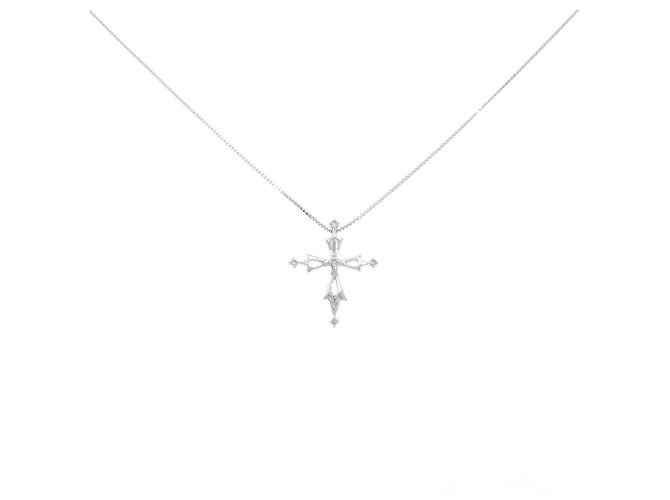 Autre Marque Collana Croce in Oro Bianco K10 e Diamanti Argento