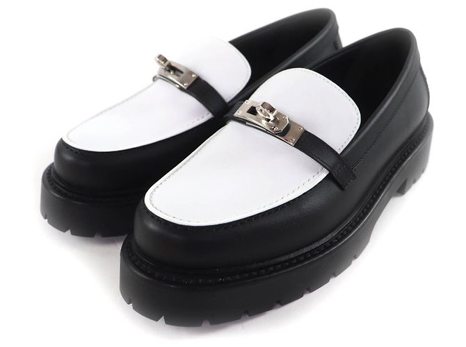 Hermès 37.5 Leather Loafers Black White