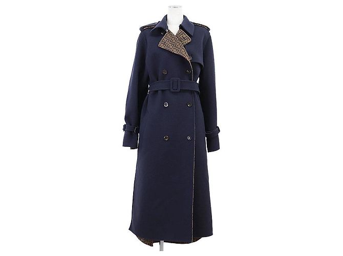 Fendi FF Zuccha Monogram Wool Silk Coat Brown Blue Navy blue