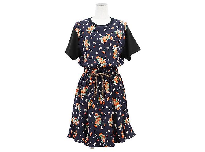 Louis Vuitton Monogram Seidenkleid mit Blumenprint Schwarz Mehrfarben Marineblau