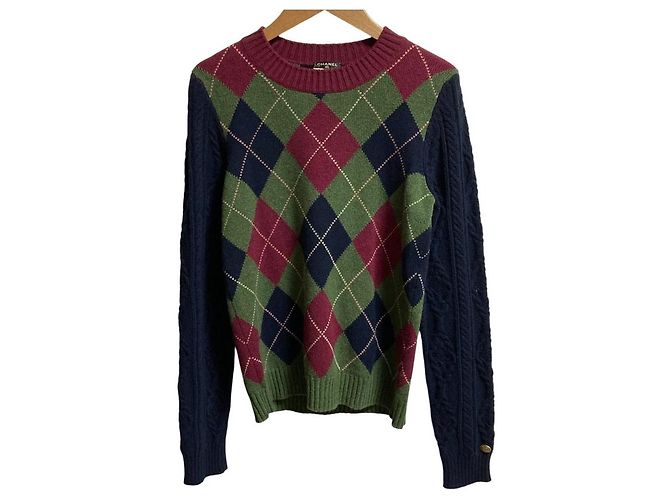 Camisola de cashmere com padrão Argyle Chanel Vermelho Verde Azul marinho