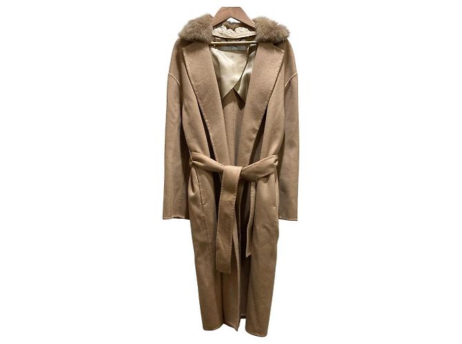 Autre Marque Abrigo con cinturón ADORE 100% Cachemira y Piel de Visón Beige Camello