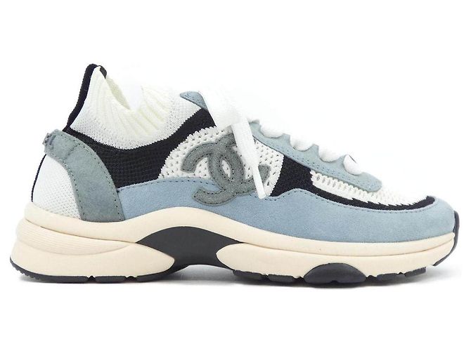 Sapatilhas Chanel em malha e pelica de vitelo Branco Azul