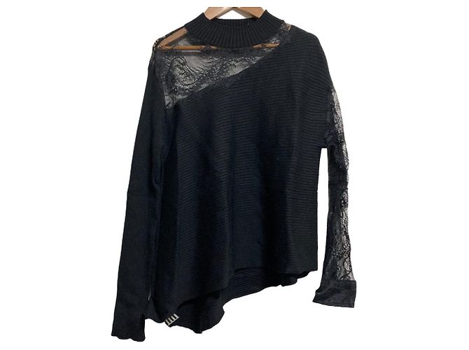 Autre Marque eimy istoire Strickpullover mit Spitzenstickerei Schwarz