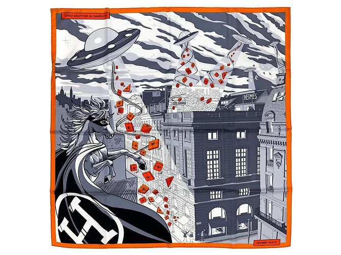 Hermès Lenço Space Shopping au Faubourg 90cm Branco Laranja Cinza