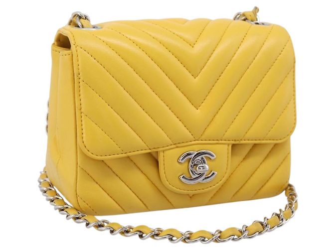 Borsa a tracolla con catena CHANEL V Stitch in pelle d'agnello Giallo Argento CC Auth 206310SAM