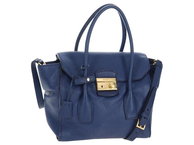Bolsa de mão PRADA Ready lock em couro Taurillon Clemence 2way Azul Auth am12570V Dourado