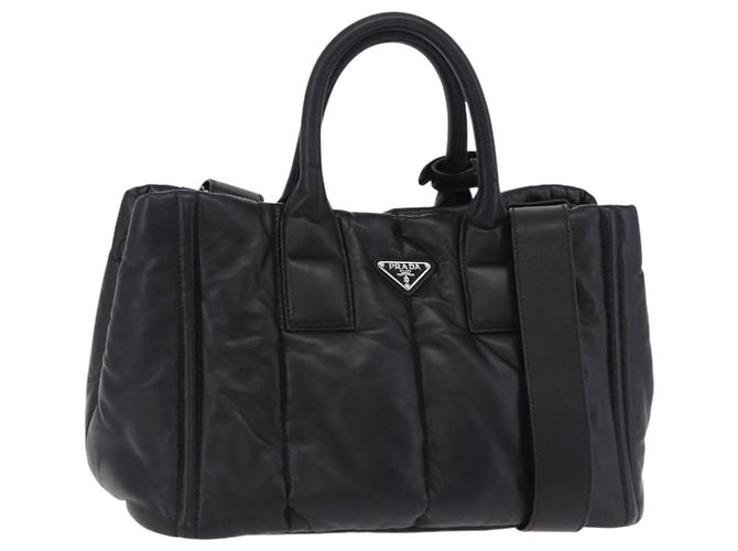 PRADA Nappa Bomber Tote Bag Leder 2way Schwarz Silber Auth 204049M