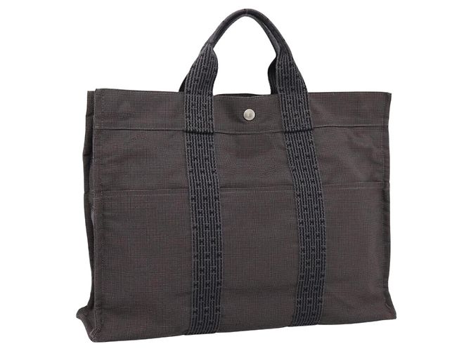 Hermès HERMES Her Line Tote MM Tote Bag Canvas Gray Silver Auth bs37333 Marrone Argento