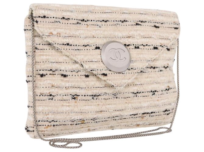 Bolsa de Ombro com Corrente CHANEL Tweed Branco Prata CC Auth 205917V