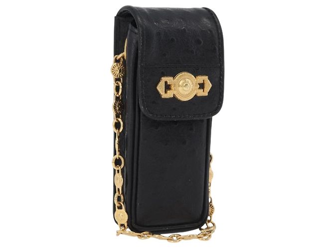 Gianni Versace Cigarette Case Leather Black Gold Auth ka6329 Golden