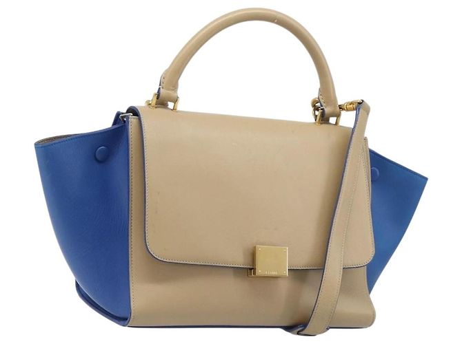 Céline CELINE Trapeze Small Hand Bag Leather 2way Beige Blue Auth bs37085A Bleu
