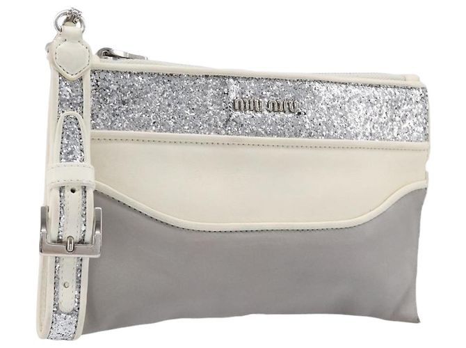 Miu Miu Pouch Leather Gray Silver Auth bs37264 Marron Argenté