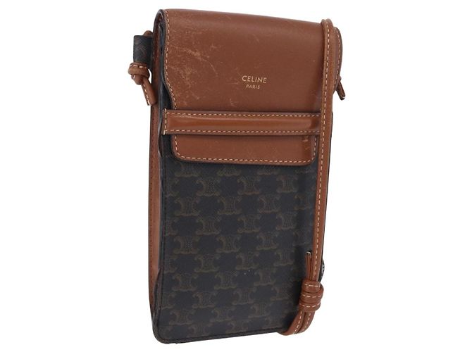 Céline CELINE Triomphe Macadam Canvas Phone Pouch PVC Black Auth 200721 Nero