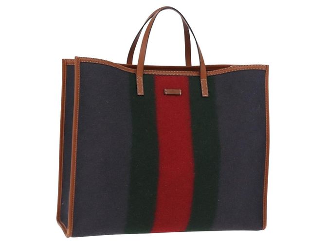 GUCCI Web Sherry Line Handtasche Wolle Grau Silber 295266 Auth 205906V Braun