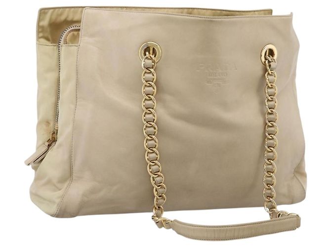 Borsa Tote con Catena PRADA Pelle Beige Oro Auth bs37400 D'oro