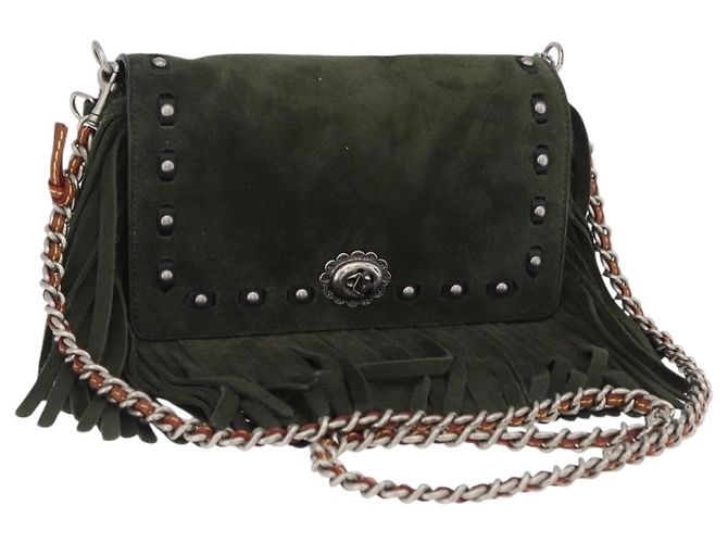 Borsa a tracolla con catena Coach Suede Khaki Silver Auth ki6887A Argento Cachi