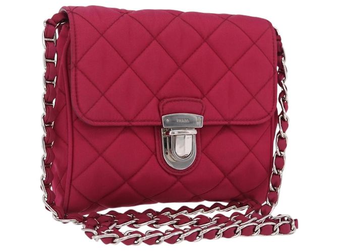 Borsa a tracolla con catena PRADA Nylon Rosa Argento Auth 206227A