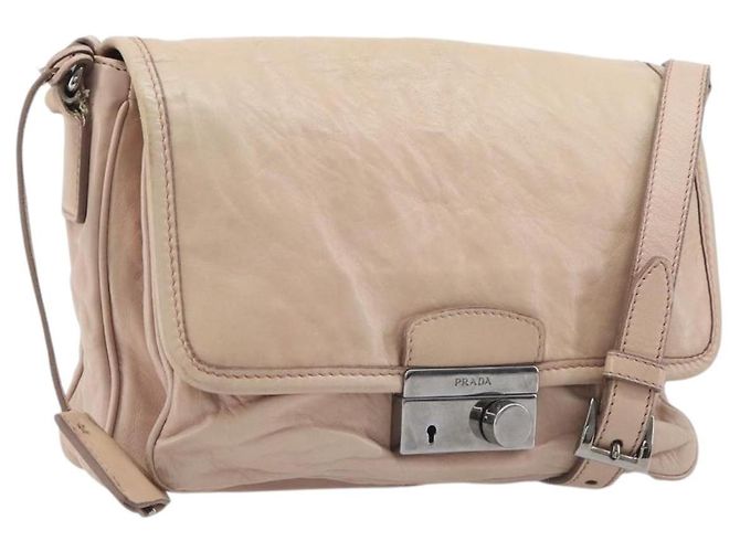 Bolsa de Ombro PRADA em Couro Bege Prata Auth ep16017